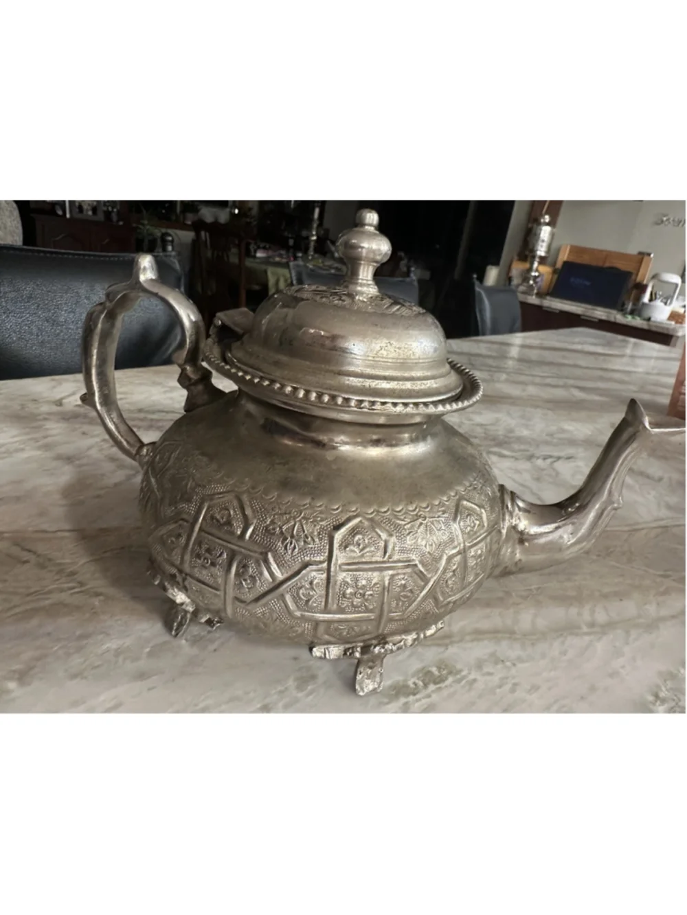 Vintage Ornate Design Metal Moroccan Silver Teapot Footed Kettle Mark Untested